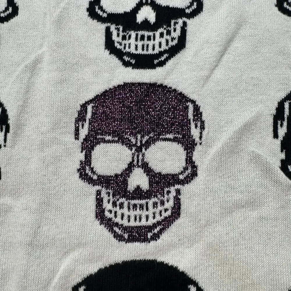 MORTAR & BONE Purple Sparkle Skull Ivory Pillow Cover Rectangle Knit Goth Spooky